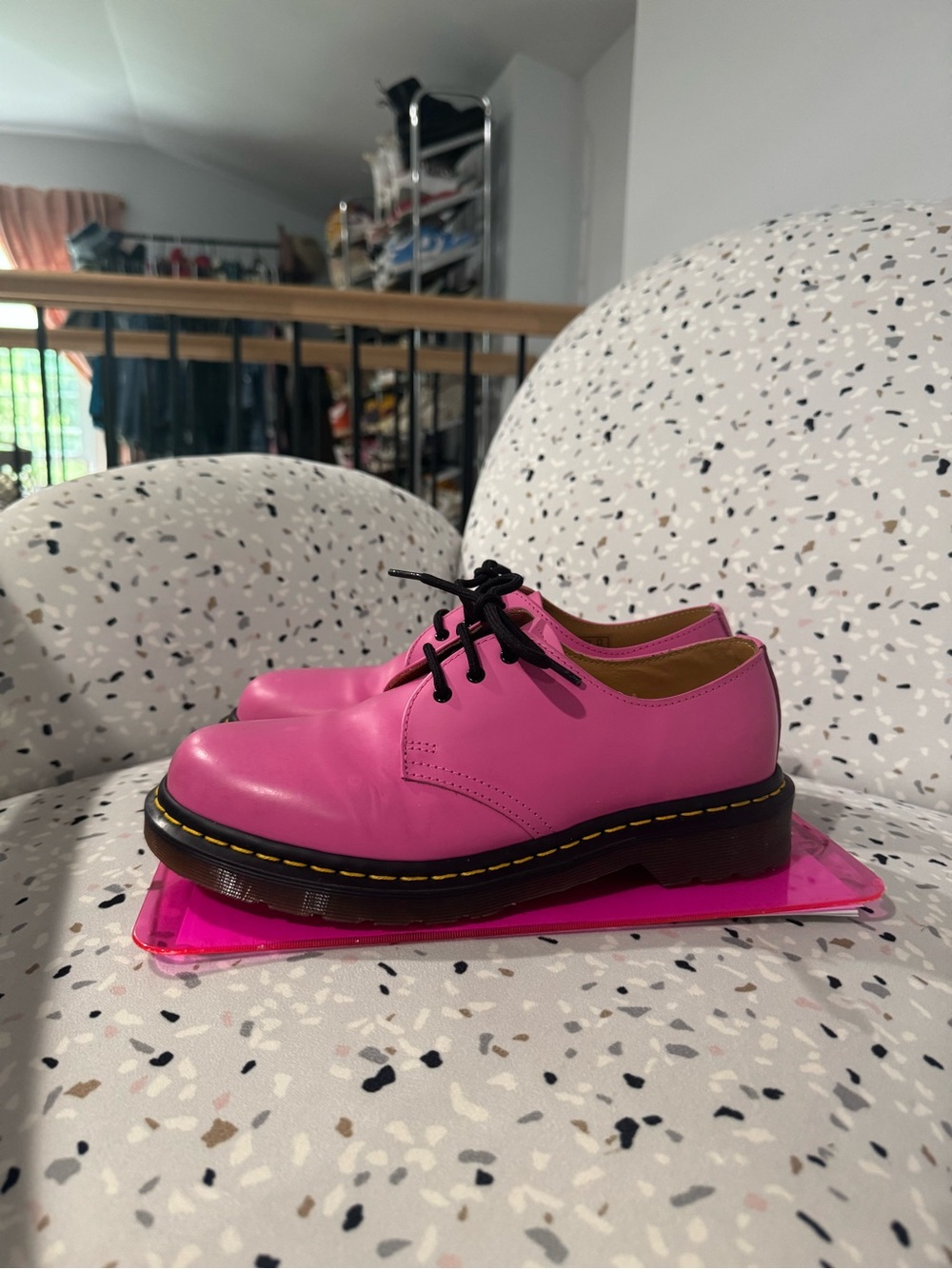 Dr. Martens Pink Leather 3-Eye Lace-Up Oxfords with Black Sole